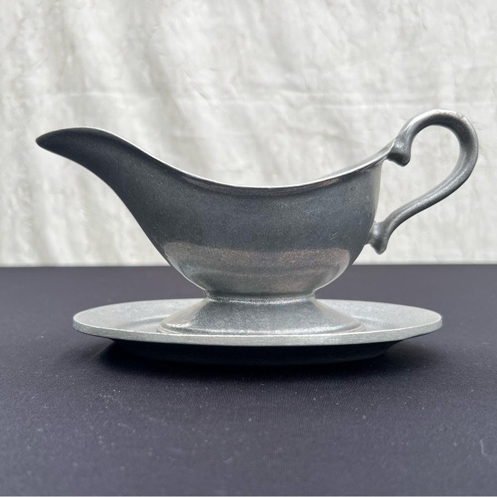 VTG Pewter Gravy Boat With Oval Saucer Farmhouse Rustic Serving Pitcher Creamer